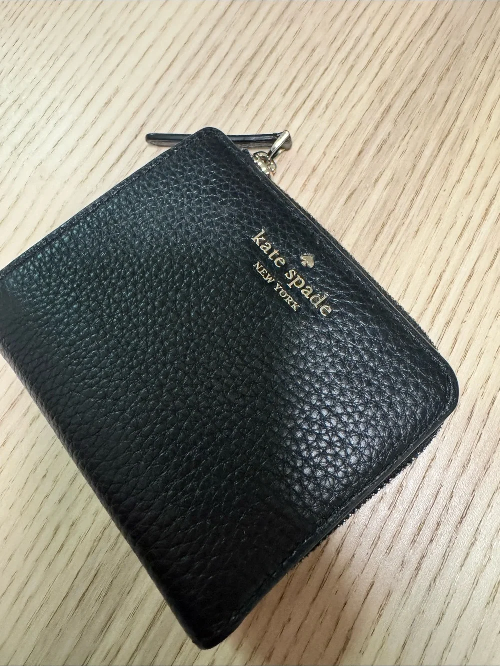 kate spade Black Pebbled Leather Zip Coin Wallet with Gold Logo